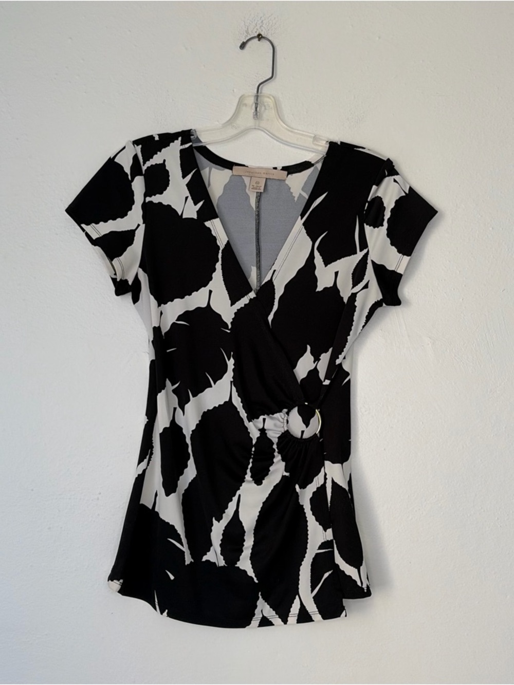 jonathan martin Y2K Black & White Abstract Wrap-Style Blouse with Ring Detail